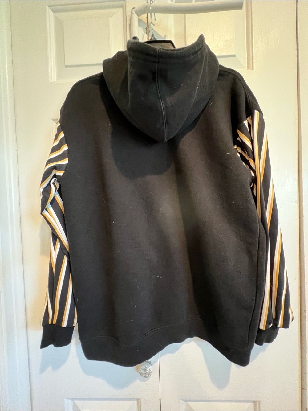Original🖤💛Upcycled ! Appalachian State Black Hoodie w Striped Sleeves - Picture 6 of 8
